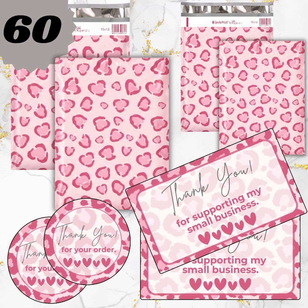 Polymailers 60 Pack 10"x13” 14.5" x 19 ANIMAL PRINT & THANK YOU CARDS & STICKERS